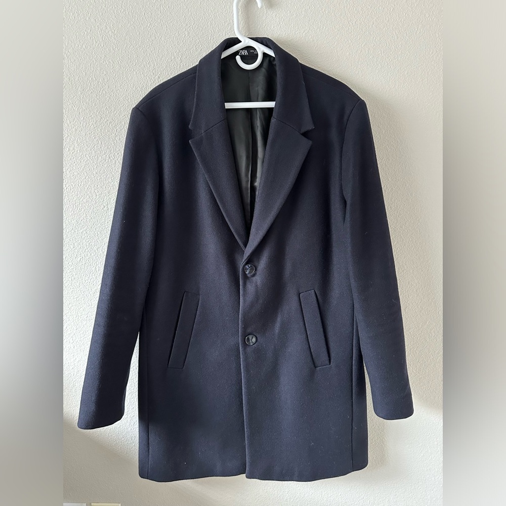 ZARA Men’s Navy Sustainable Wool Italian Pea Coat XL